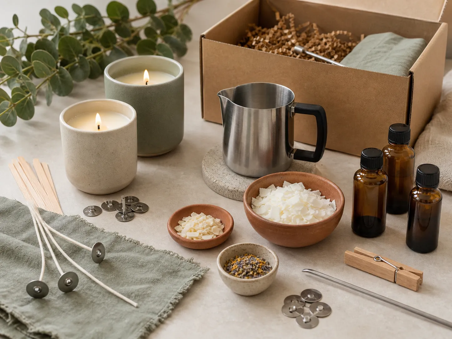 Candle making kit with soy wax, wicks and amber bottles