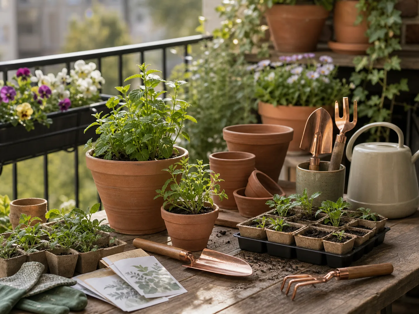 Balcony gardening tools, seedlings and terracotta pots