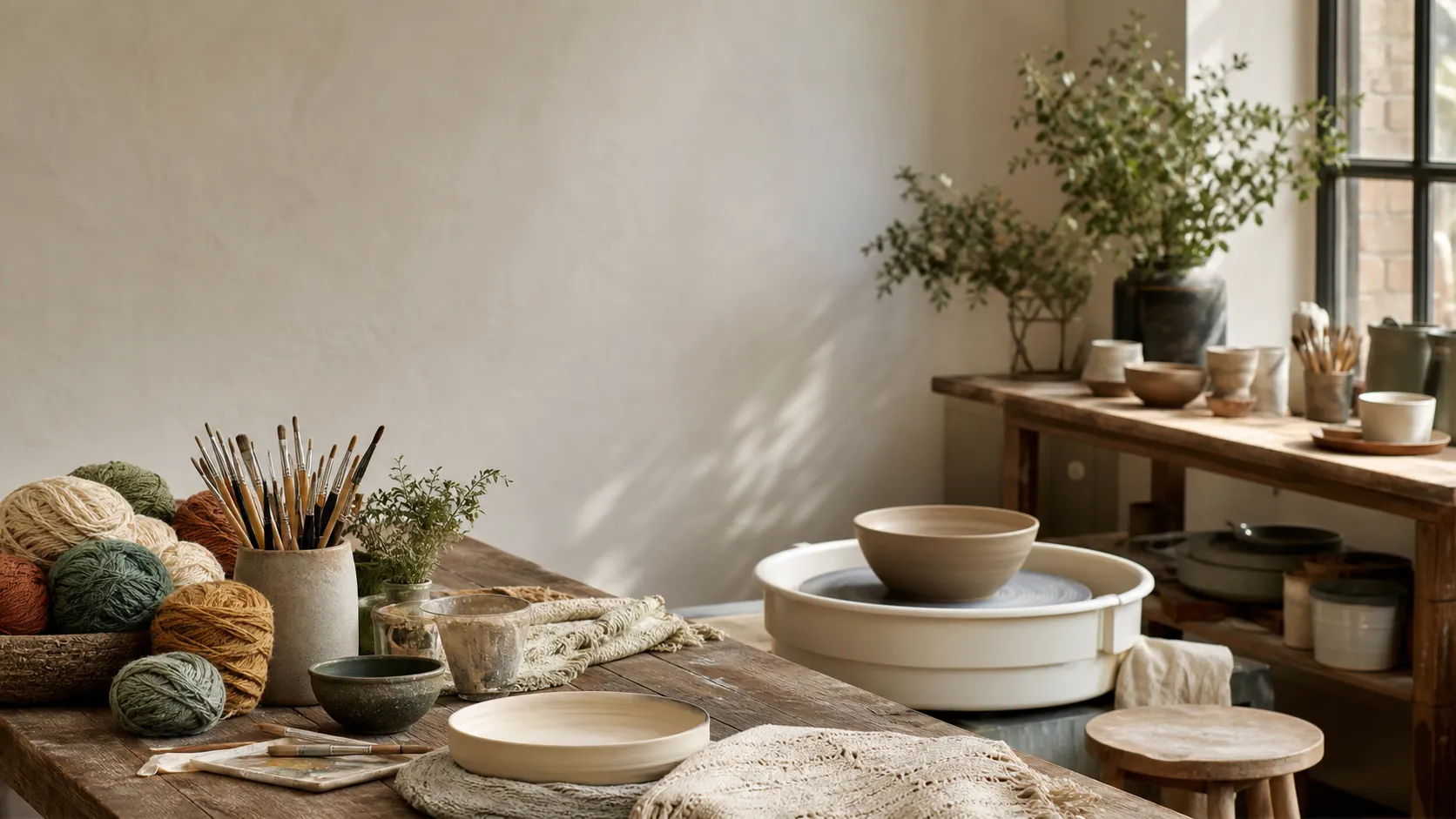 Calm creative studio with pottery, yarn and painting tools