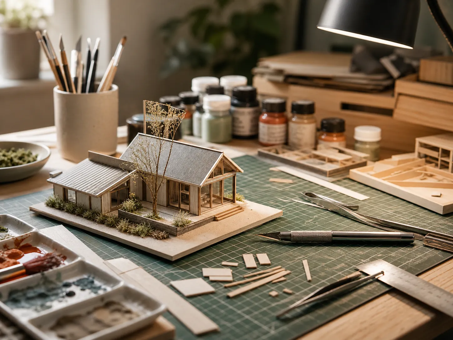 Adult model making workbench with miniature pieces and tools
