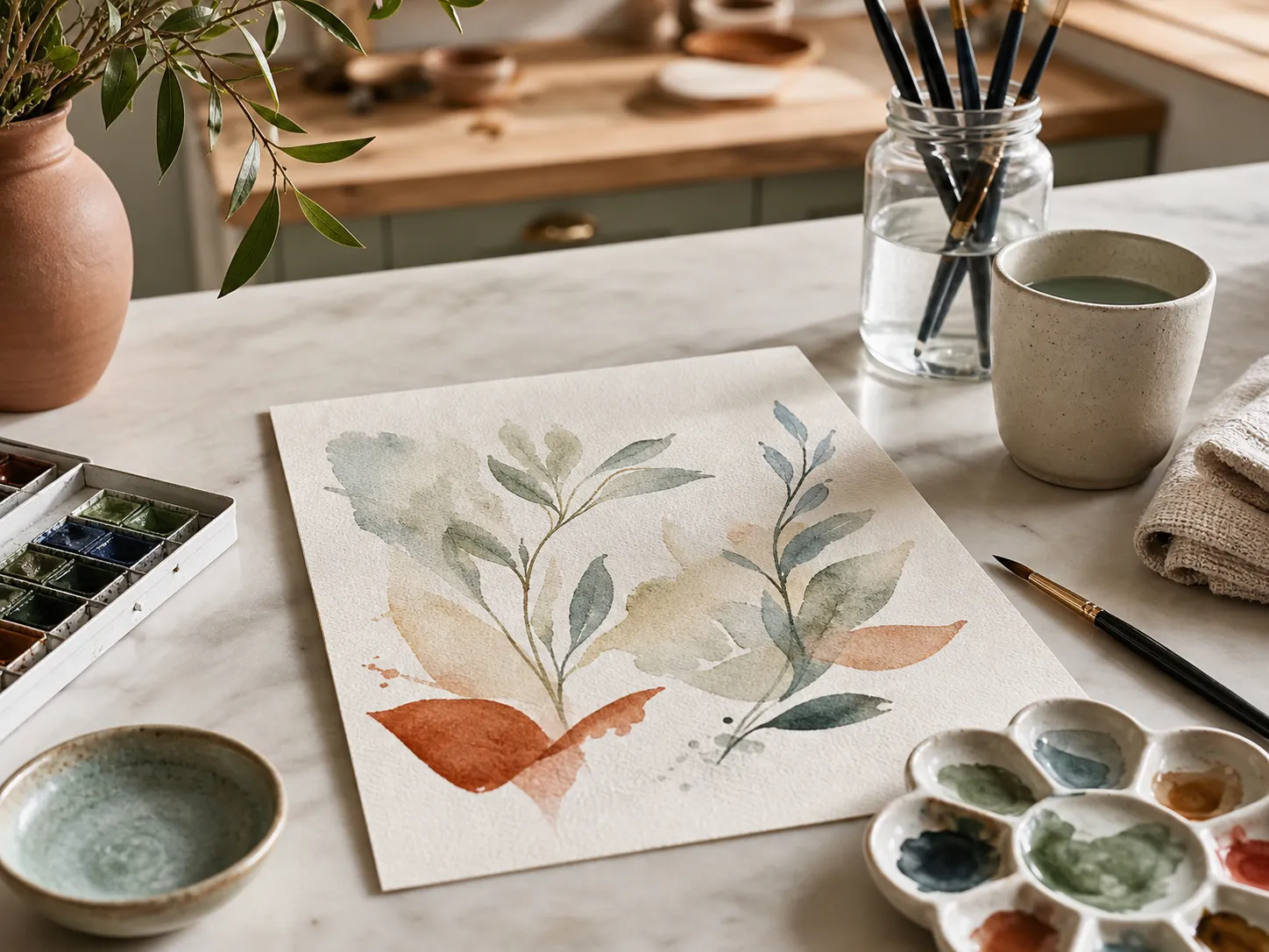 Watercolour painting set with brushes, palette and botanical artwork