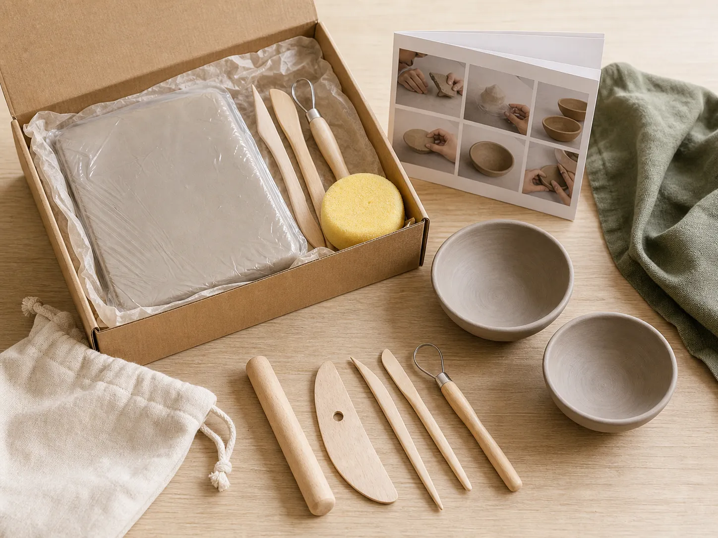 Beginner pottery kit with clay, shaping tools and handmade bowls