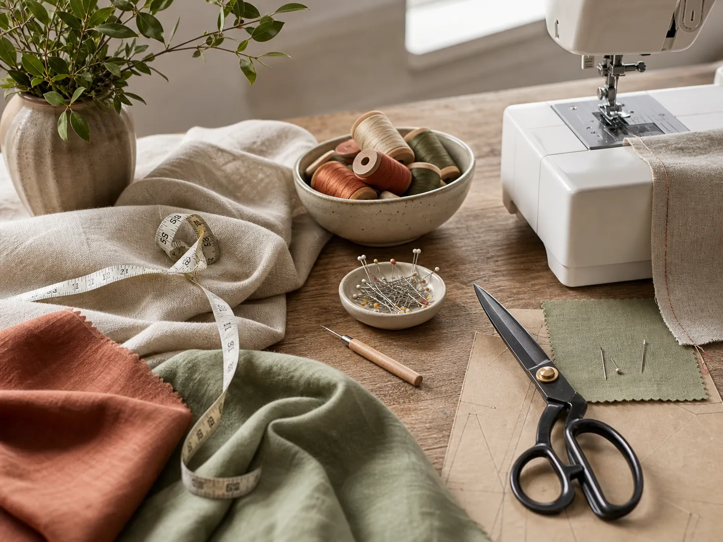 Sewing table with linen fabric, thread and dressmaking scissors